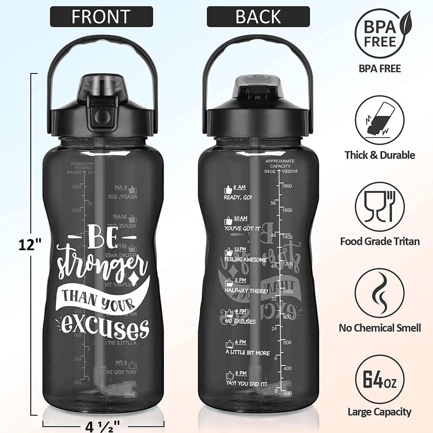 Half Gallon Water Bottle with Sleeve 64 OZ Water Bottle with Straw & Time Marker to Drink Leakproof Motivational Water Jug with Insulated Holder for Women Men Workout Gym Sport