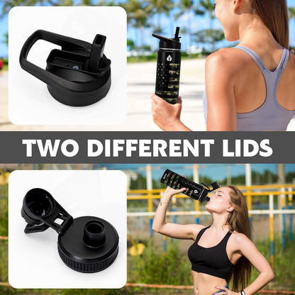 22 Oz Insulated Water Bottle,Stainless Steel Leak Proof Water Bottles,Wide Mouth Double Walled Travel Thermal Mug with 2 Lids for Cold Water Drinks,Sports,Travel,Car and School Camouflage