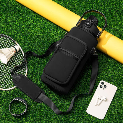 Half Gallon Water Bottle with Sleeve 64 OZ Water Bottle with Straw & Time Marker to Drink Leakproof Motivational Water Jug with Insulated Holder for Women Men Workout Gym Sport