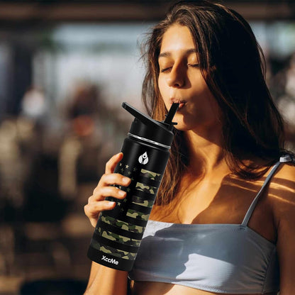 22 Oz Insulated Water Bottle,Stainless Steel Leak Proof Water Bottles,Wide Mouth Double Walled Travel Thermal Mug with 2 Lids for Cold Water Drinks,Sports,Travel,Car and School Camouflage