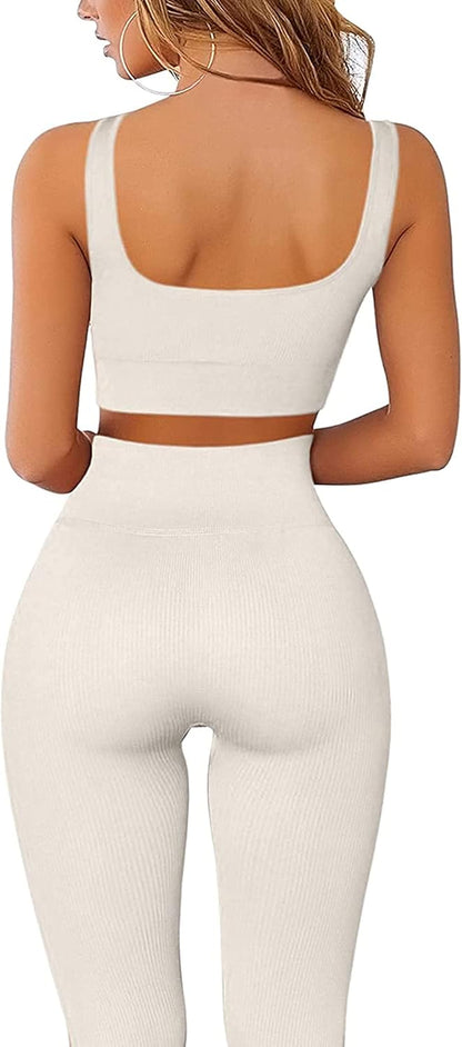 Workout Set for Women 2 Pieces Outfits Seamless Yoga Leggings with Sports Bra Tank Top Gym Sets Matching Sets