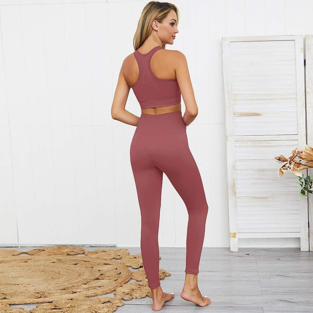 Workout Set for Women 2 Pieces Outfits Seamless Yoga Leggings with Sports Bra Tank Top Gym Sets Matching Sets