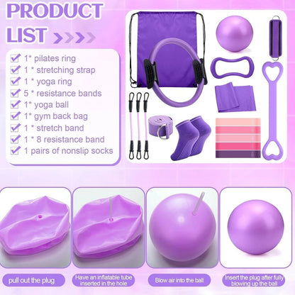 Pilates Ring Circle Set 18 Pcs Exercise Equipment Accessories for Women Workouts