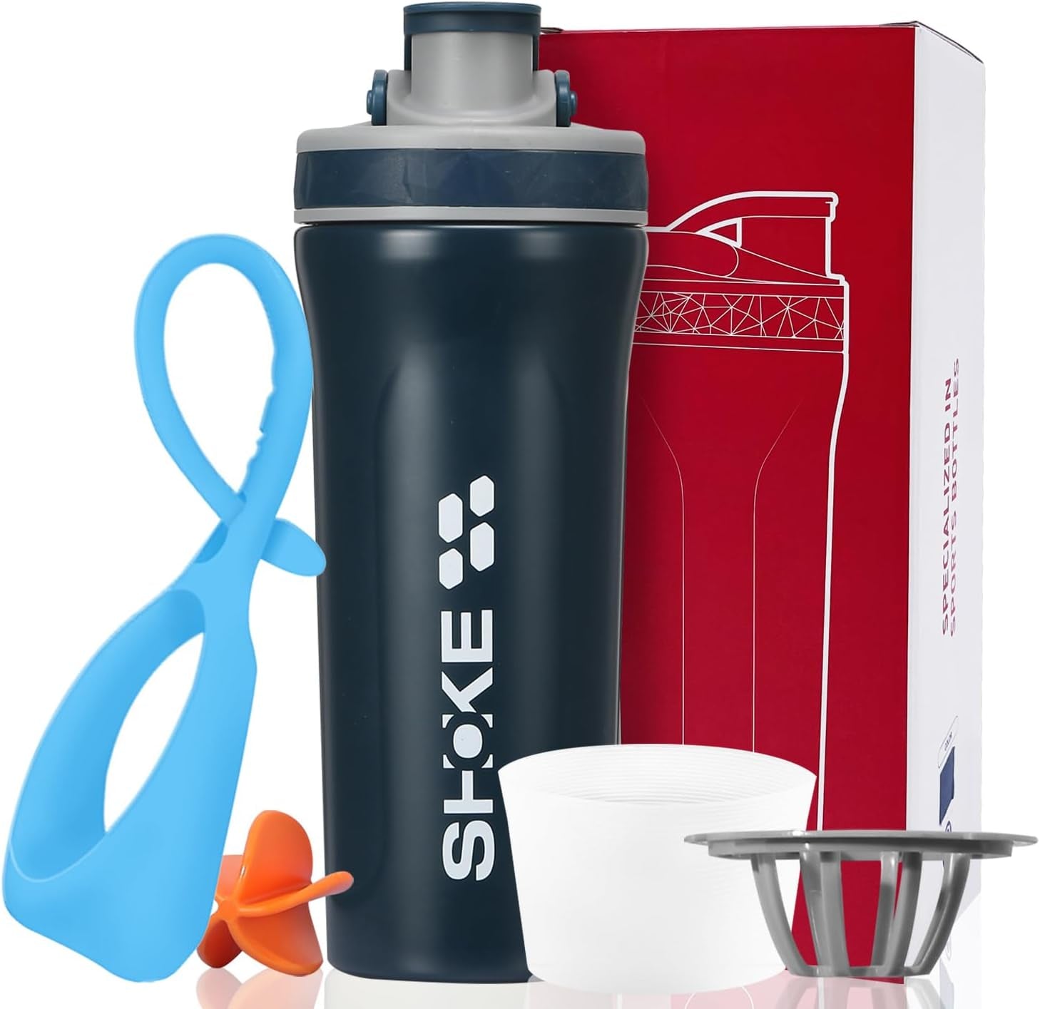 Stainless Steel Shaker Bottle Water Bottle with Whisk Protein 27Oz Shaker Bottles/Shaker Cups for Protein Mixes Leak Proof with Rubber Water Bottle Sleeve and Rubber Handle-Blue