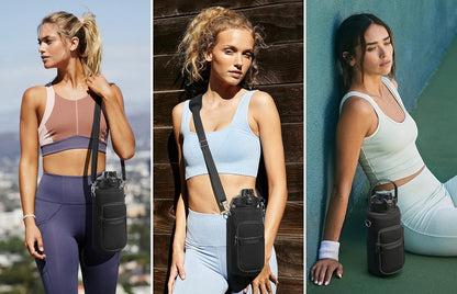 Half Gallon Water Bottle with Sleeve 64 OZ Water Bottle with Straw & Time Marker to Drink Leakproof Motivational Water Jug with Insulated Holder for Women Men Workout Gym Sport