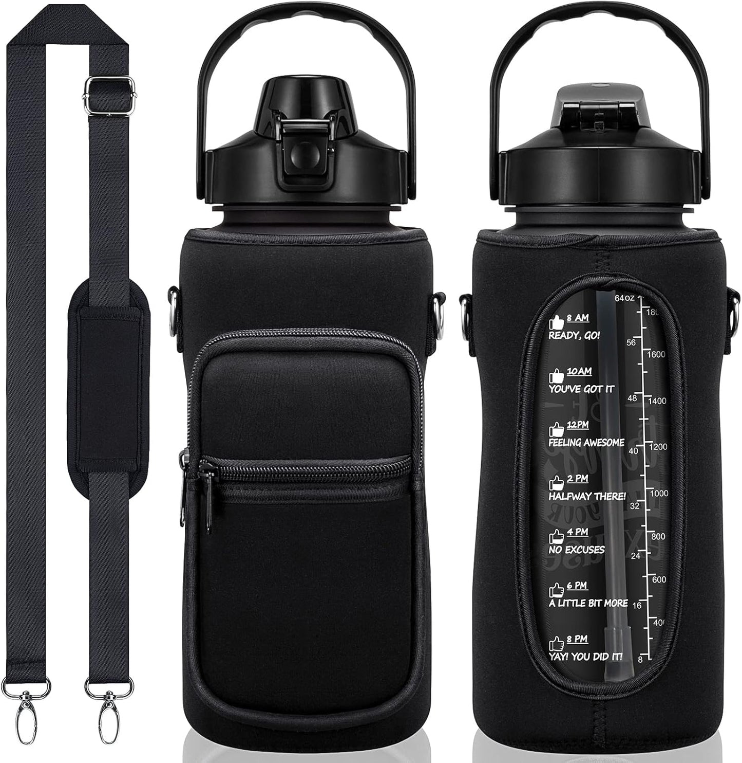 Half Gallon Water Bottle with Sleeve 64 OZ Water Bottle with Straw & Time Marker to Drink Leakproof Motivational Water Jug with Insulated Holder for Women Men Workout Gym Sport