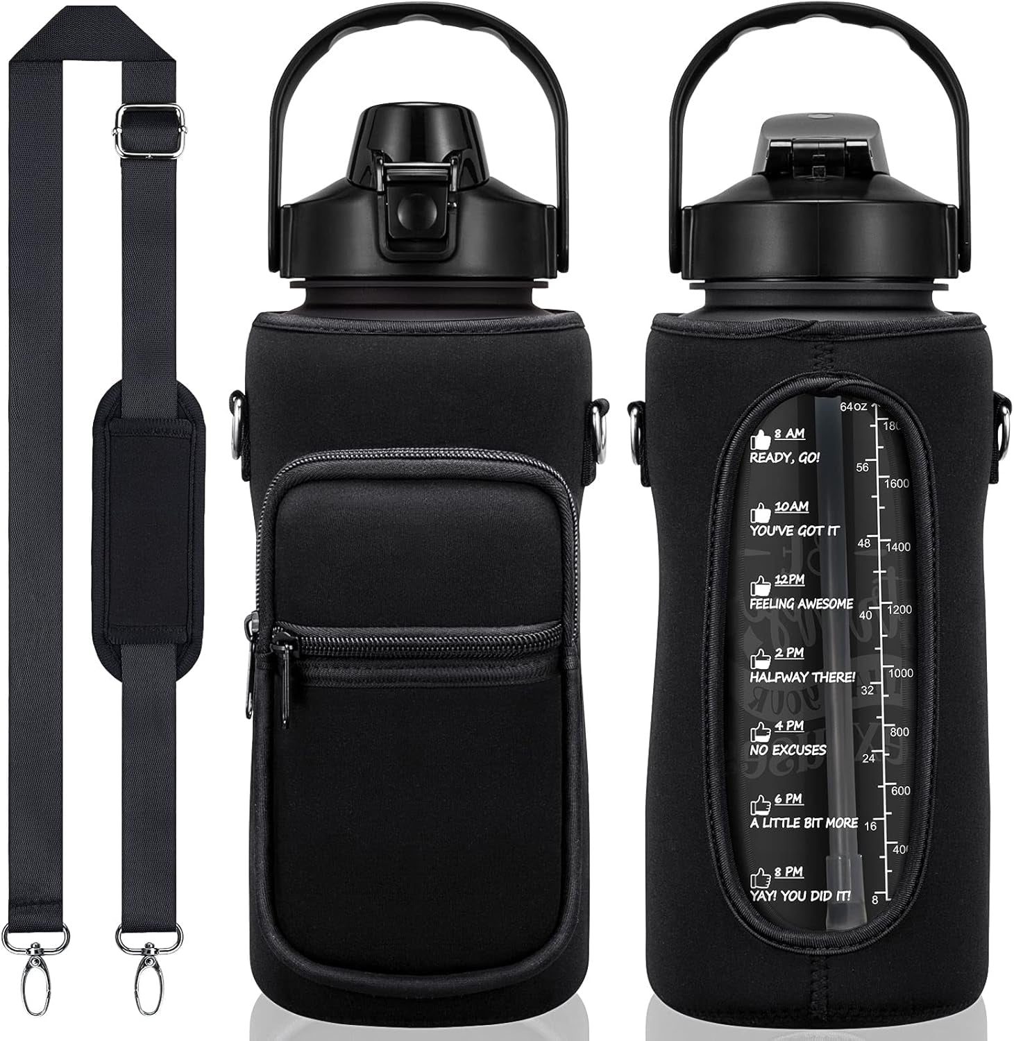 Half Gallon Water Bottle with Sleeve 64 OZ Water Bottle with Straw & Time Marker to Drink Leakproof Motivational Water Jug with Insulated Holder for Women Men Workout Gym Sport