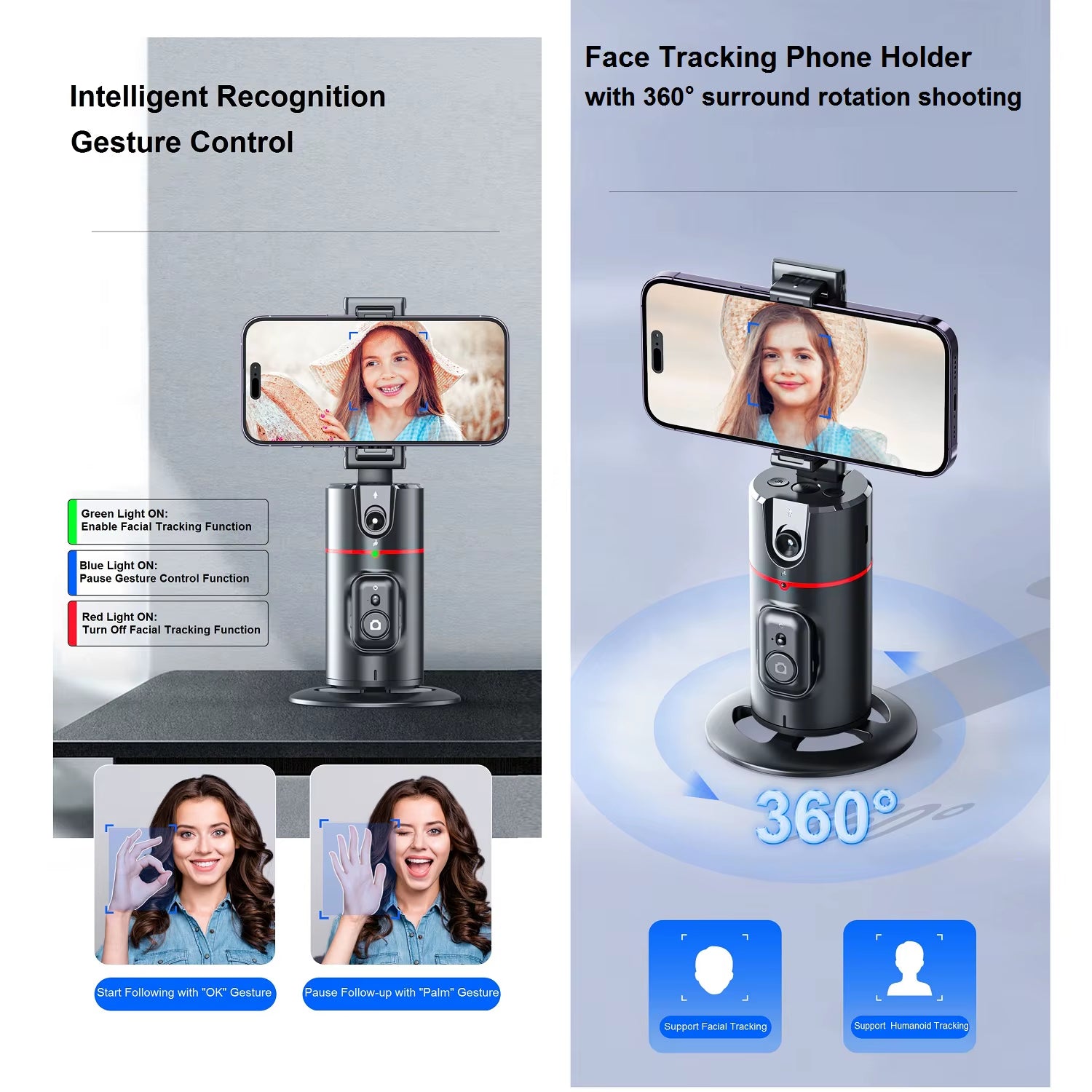 Auto Face Tracking Tripod 360° Rotation, Auto Tracking Phone Holder Remote Moving Tripod for Live Video Vlog