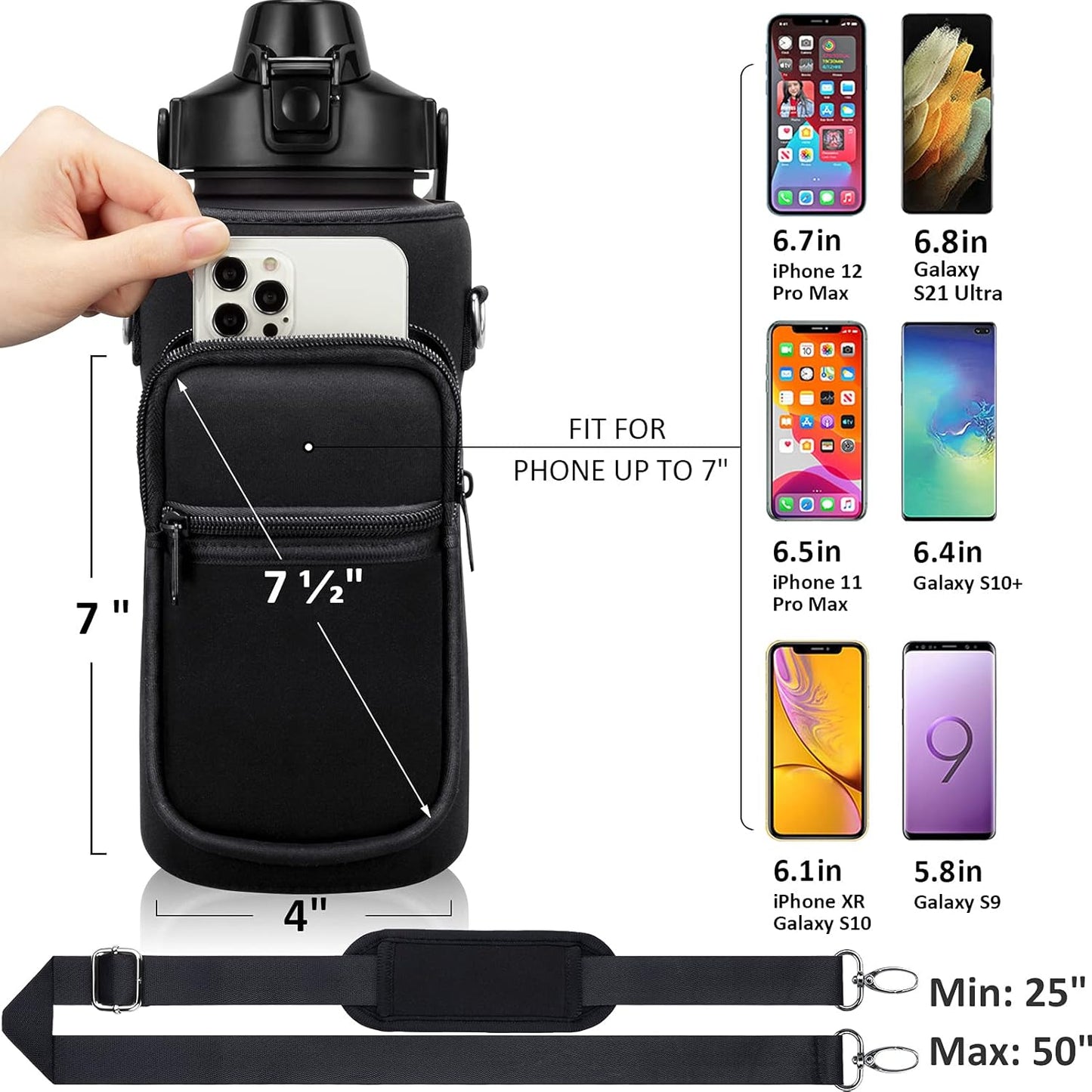 Half Gallon Water Bottle with Sleeve 64 OZ Water Bottle with Straw & Time Marker to Drink Leakproof Motivational Water Jug with Insulated Holder for Women Men Workout Gym Sport