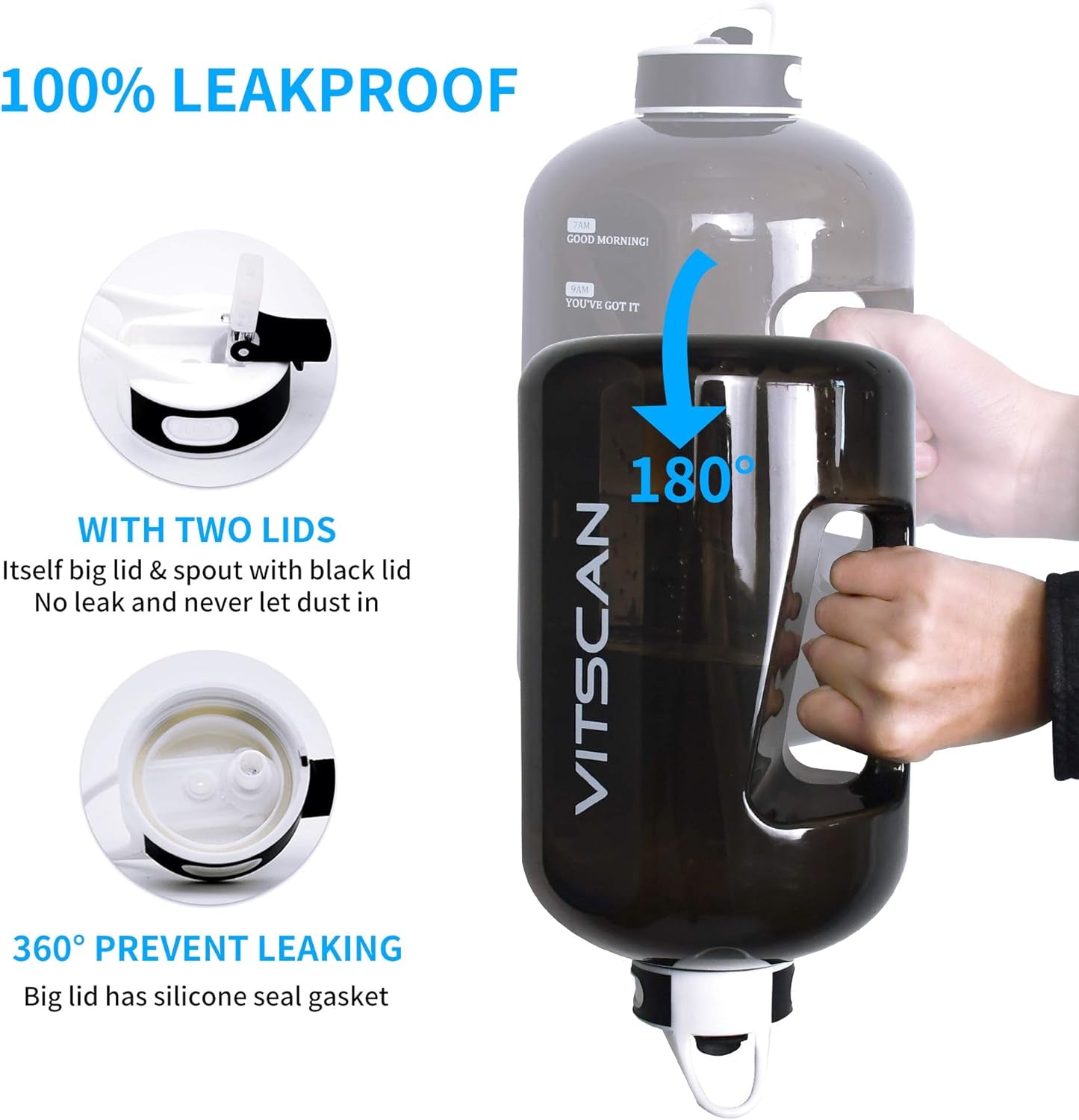 Motivational 1 Gallon Water Bottle with Time Marker, Large 128 Oz Jug for Sports, BPA Free (Black)