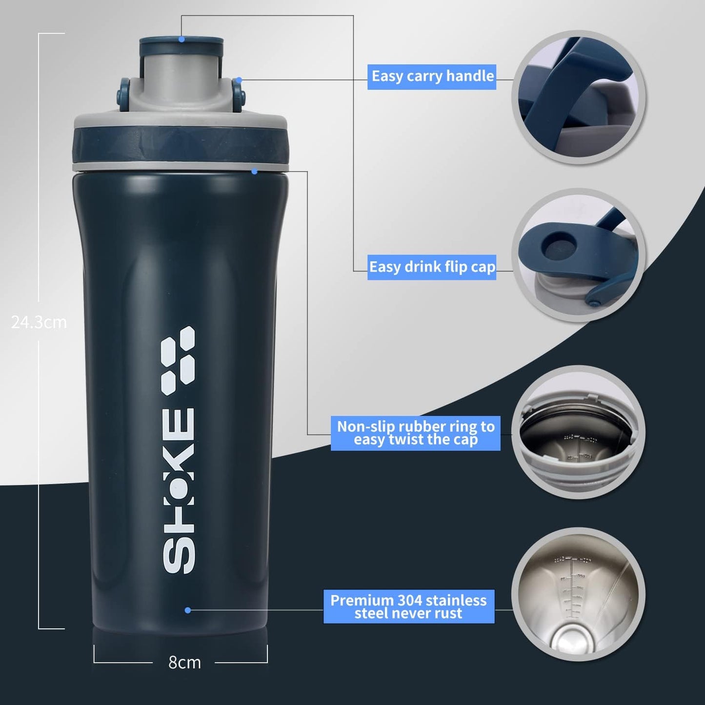 Stainless Steel Shaker Bottle Water Bottle with Whisk Protein 27Oz Shaker Bottles/Shaker Cups for Protein Mixes Leak Proof with Rubber Water Bottle Sleeve and Rubber Handle-Blue