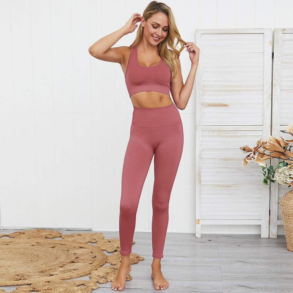 Workout Set for Women 2 Pieces Outfits Seamless Yoga Leggings with Sports Bra Tank Top Gym Sets Matching Sets