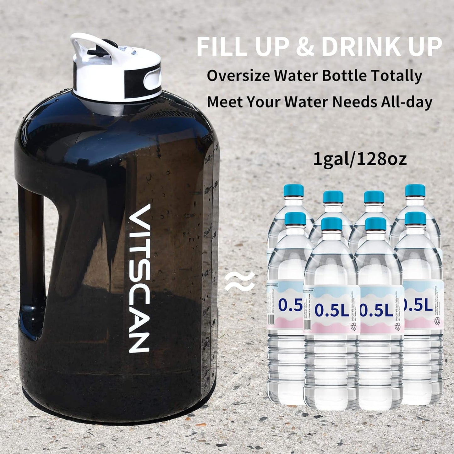 Motivational 1 Gallon Water Bottle with Time Marker, Large 128 Oz Jug for Sports, BPA Free (Black)